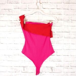 Naked Wardrobe One Shoulder Bodysuit XL Red Pink Ribbed Knit Off the Shoulder